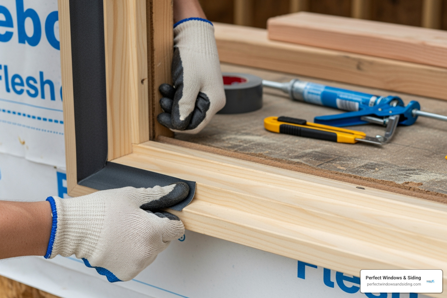 professional installer applying flashing tape - Bay Window Installation professional installer applying flashing tape - Bay Window Installation
