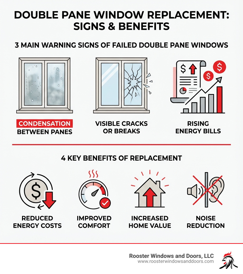 infographic showing three main warning signs of failed double pane windows: condensation between panes with a foggy window illustration, visible cracks or breaks with a damaged glass illustration, and rising energy bills with a utility bill icon; below these signs are four key benefits: reduced energy costs with dollar sign, improved comfort with temperature gauge, increased home value with house icon, and noise reduction with sound wave illustration - double pane replacement infographic 