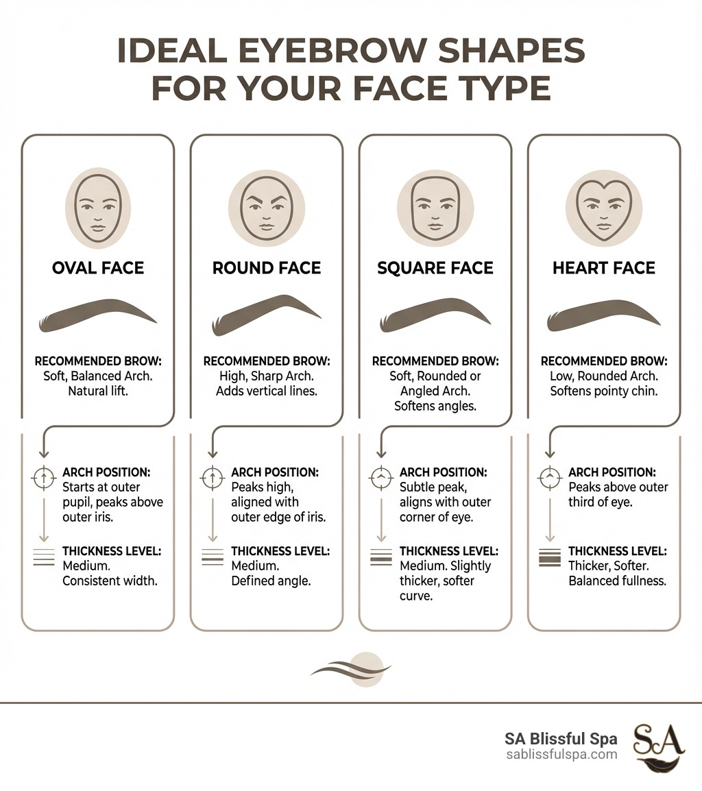 infographic showing different eyebrow shapes for different face types, including oval, round, square, and heart-shaped faces, with recommended brow arch positions and thickness levels for each face shape - eyebrow services near me infographic 