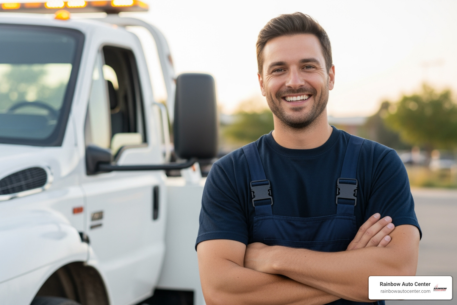 professional tow truck driver smiling - towing services near me