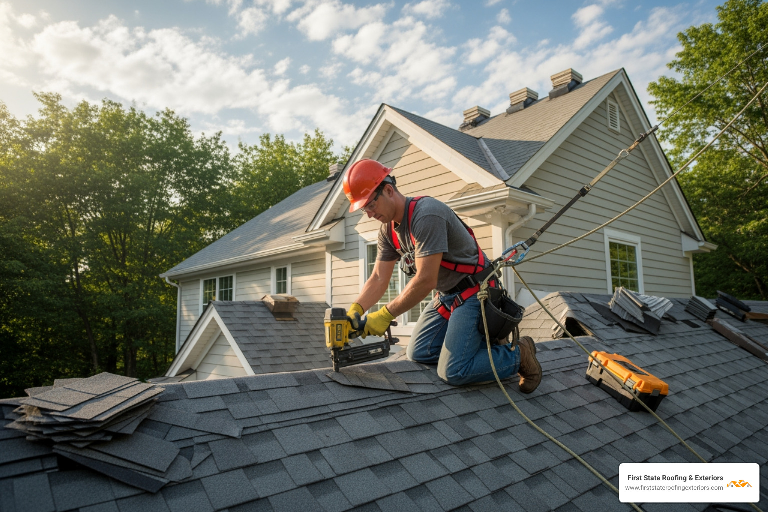 Roofer wearing safety harness - exterior renovation specialists