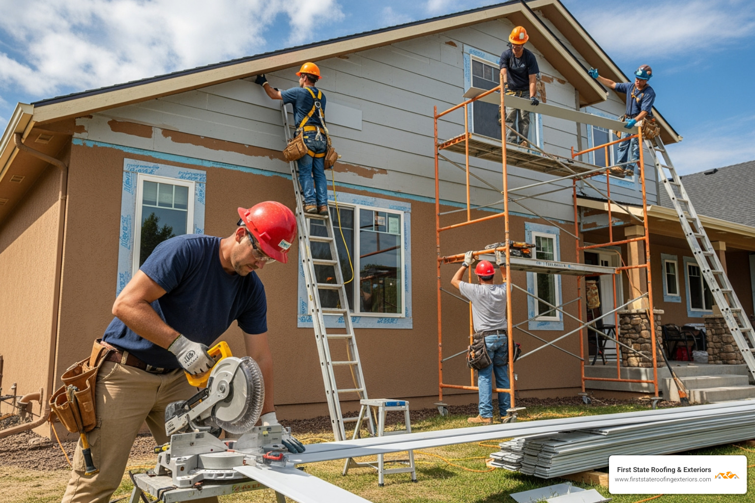 Professional construction team installing new siding on a residential home with proper safety gear - exterior renovation specialists