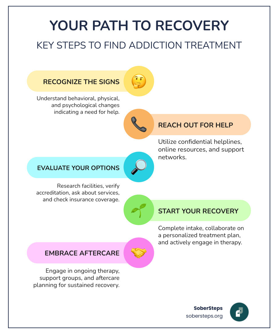 Infographic showing the key steps to find addiction treatment: 1. Recognize the signs (behavioral changes, physical symptoms, loss of control), 2. Reach out for help (call helplines, use online locators), 3. Evaluate your options (check accreditation, ask about services, verify insurance), 4. Start your recovery (complete intake, create treatment plan, engage in therapy) - find addiction treatment infographic infographic-line-5-steps-colors