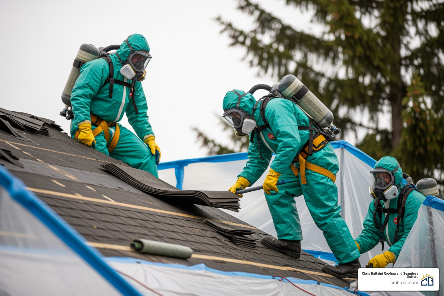 A professional roofing crew in full PPE safely removing shingles from a roof, with containment measures visible - asbestos shingle replacement