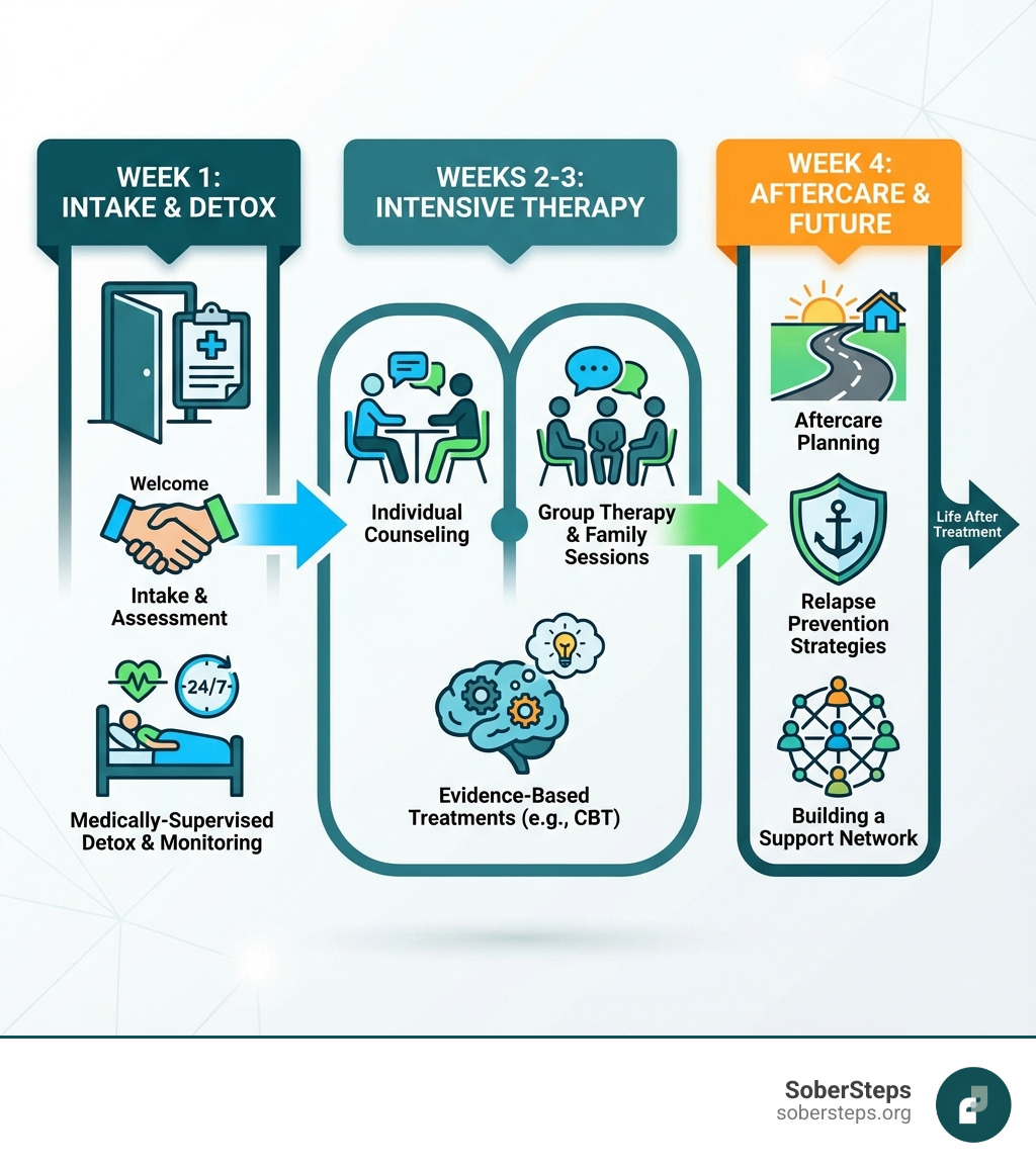 Infographic showing the 4-week structure of a 28-day rehab program: Week 1 includes intake, assessment, and medically-supervised detox with 24/7 monitoring; Weeks 2-3 focus on intensive therapy including individual counseling, group therapy, family sessions, and evidence-based treatments like CBT; Week 4 emphasizes aftercare planning, relapse prevention strategies, and building a support network for life after treatment - 28 day rehabs near me infographic Infographic showing the 4-week structure of a 28-day rehab program: Week 1 includes intake, assessment, and medically-supervised detox with 24/7 monitoring; Weeks 2-3 focus on intensive therapy including individual counseling, group therapy, family sessions, and evidence-based treatments like CBT; Week 4 emphasizes aftercare planning, relapse prevention strategies, and building a support network for life after treatment - 28 day rehabs near me infographic