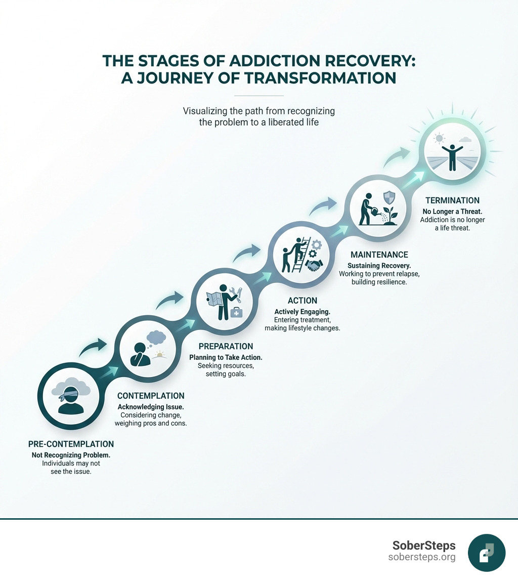 detailed infographic showing the stages of addiction recovery: pre-contemplation where individuals may not recognize the problem, contemplation where they acknowledge the issue and consider change, preparation where they plan to take action and seek resources, action where they actively engage in treatment and make lifestyle changes, maintenance where they work to sustain recovery and prevent relapse, and termination where addiction no longer poses a threat to their life - addiction success stories infographic 