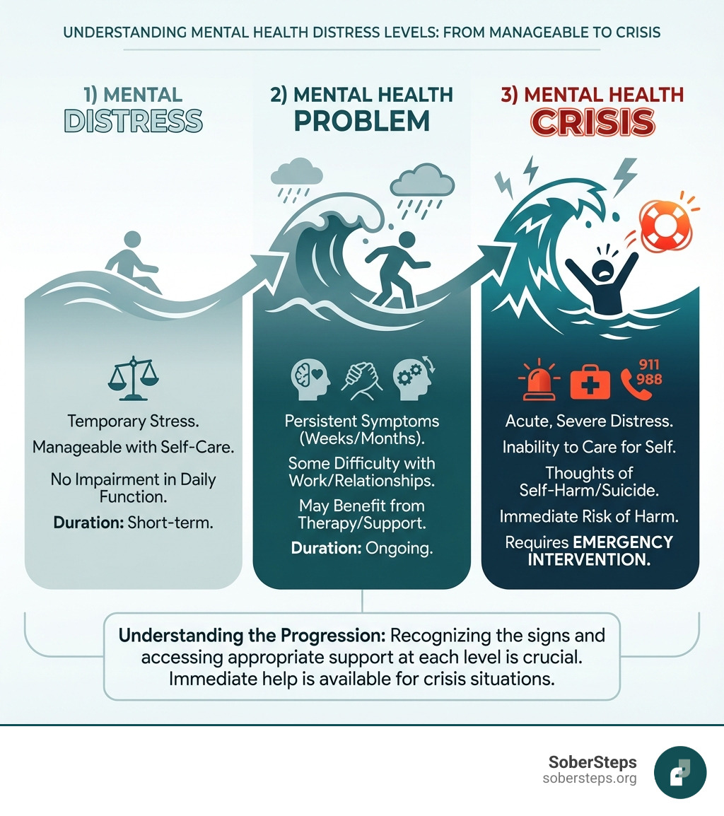 Infographic showing three levels of mental health distress: 1) Mental Distress (temporary stress, manageable with self-care, no impairment in daily function), 2) Mental Health Problem (persistent symptoms lasting weeks or months, some difficulty with work or relationships, may benefit from therapy or support), and 3) Mental Health Crisis (acute, severe distress, inability to care for self, thoughts of self-harm or suicide, immediate risk of harm, requires emergency intervention) - mental health crisis infographic 