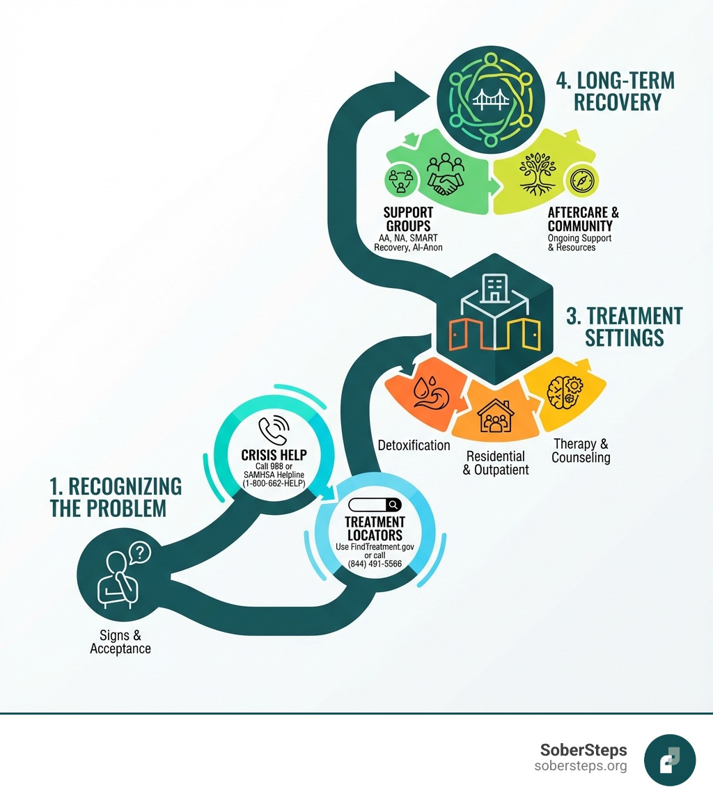 Infographic showing the path from recognizing a problem, to seeking help through crisis lines or treatment locators, to engaging in various treatment settings like detox and therapy, to building long-term recovery through support groups and aftercare - substance use support infographic 