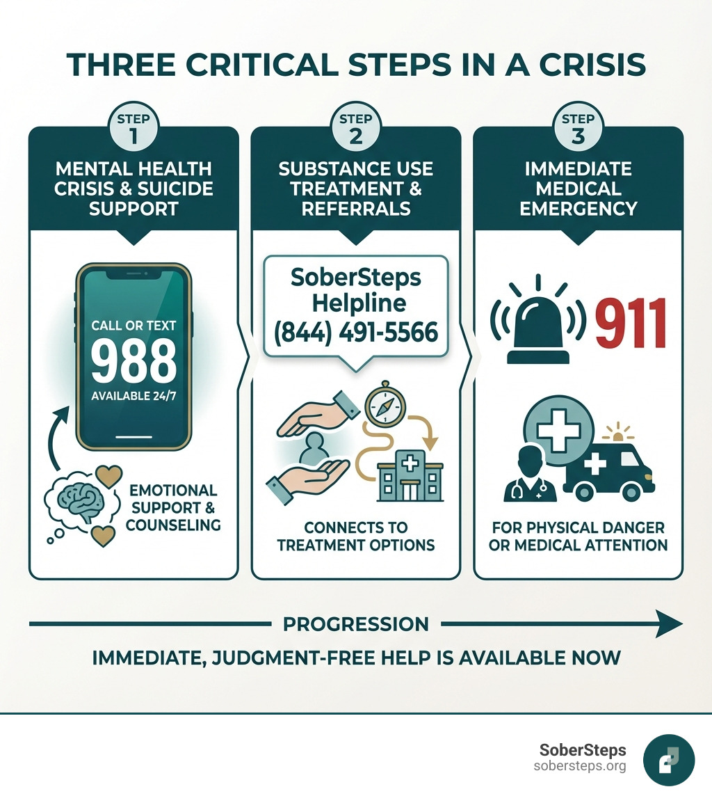 Infographic showing three critical steps in a crisis: Step 1 shows a phone with 988 for mental health and suicide crisis support available 24/7; Step 2 displays SoberSteps helpline number (844) 491-5566 for substance use treatment referrals and support; Step 3 shows 911 for immediate medical emergencies when someone is in physical danger - get help now infographic 