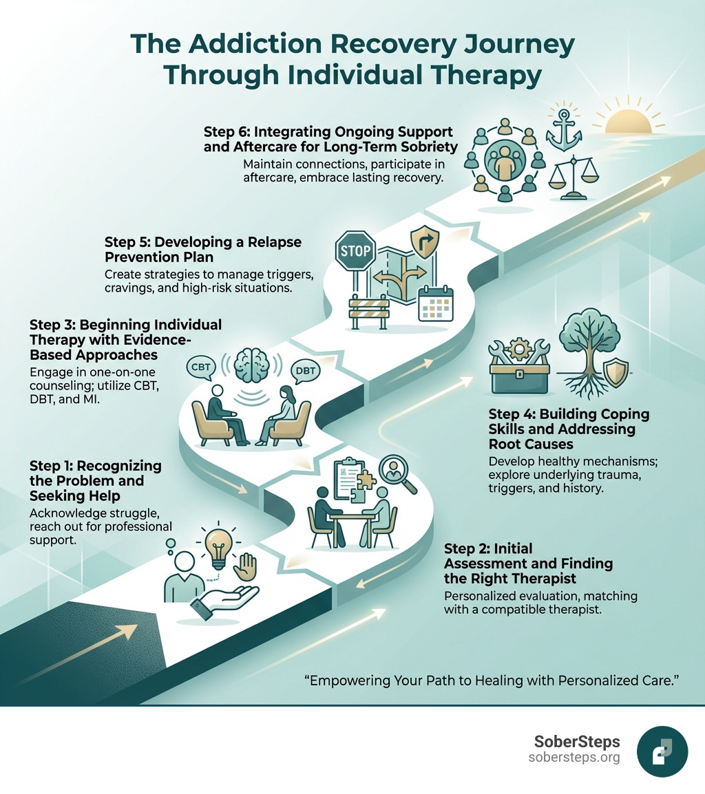 Infographic showing the addiction recovery journey: Step 1 - Recognizing the problem and seeking help, Step 2 - Initial assessment and finding the right therapist, Step 3 - Beginning individual therapy with evidence-based approaches like CBT and DBT, Step 4 - Building coping skills and addressing root causes, Step 5 - Developing a relapse prevention plan, Step 6 - Integrating ongoing support and aftercare for long-term sobriety - individual therapy addiction infographic Infographic showing the addiction recovery journey: Step 1 - Recognizing the problem and seeking help, Step 2 - Initial assessment and finding the right therapist, Step 3 - Beginning individual therapy with evidence-based approaches like CBT and DBT, Step 4 - Building coping skills and addressing root causes, Step 5 - Developing a relapse prevention plan, Step 6 - Integrating ongoing support and aftercare for long-term sobriety - individual therapy addiction infographic