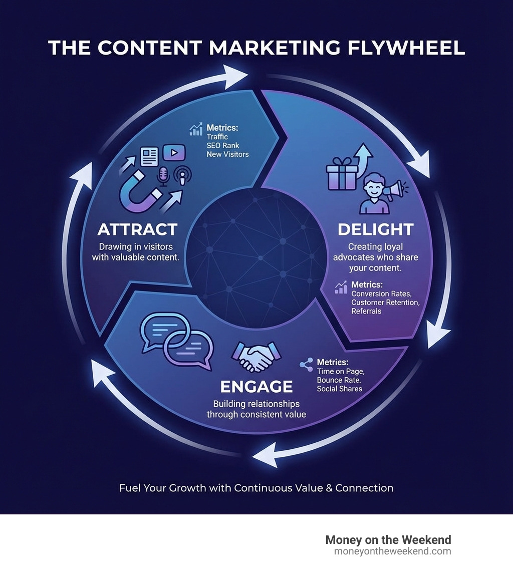 Infographic showing the content marketing flywheel with three connected stages: Attract (drawing in visitors with valuable content), Engage (building relationships through consistent value), and Delight (creating loyal advocates who share your content). Arrows show the continuous cycle, with metrics for each stage like traffic, time on page, and conversion rates. - Content marketing tips infographic Infographic showing the content marketing flywheel with three connected stages: Attract (drawing in visitors with valuable content), Engage (building relationships through consistent value), and Delight (creating loyal advocates who share your content). Arrows show the continuous cycle, with metrics for each stage like traffic, time on page, and conversion rates. - Content marketing tips infographic