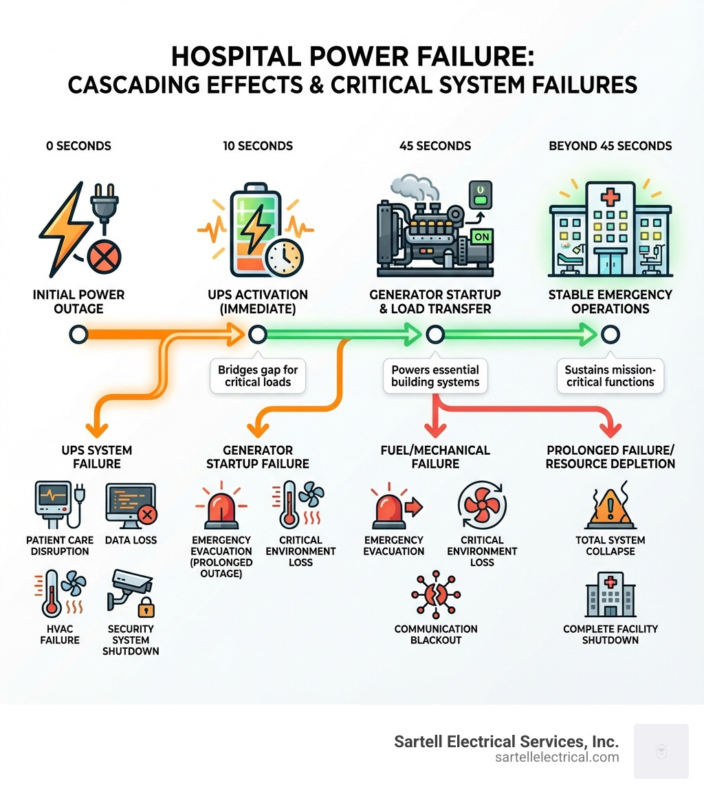 infographic showing cascading effects of power failure in a hospital: initial outage leads to UPS activation, then generator startup, with branches showing consequences if systems fail including patient care disruption, data loss, HVAC failure, security system shutdown, and emergency evacuation, with timeline markers at 0 seconds, 10 seconds, 45 seconds, and beyond - critical electrical system infographic 