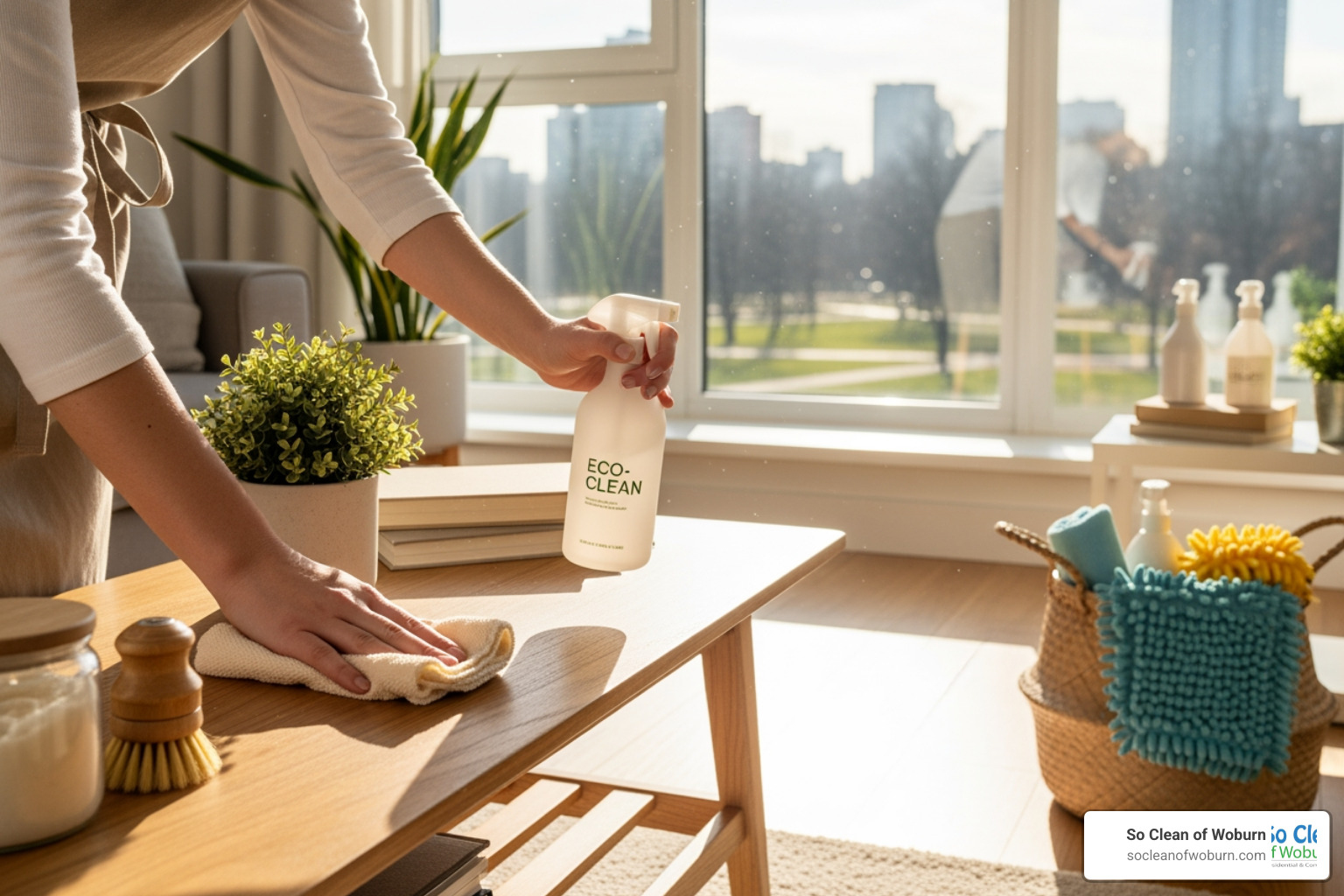 common DIY ingredients like vinegar, baking soda, lemons, and essential oils on a kitchen counter - Eco-friendly apartment cleaning