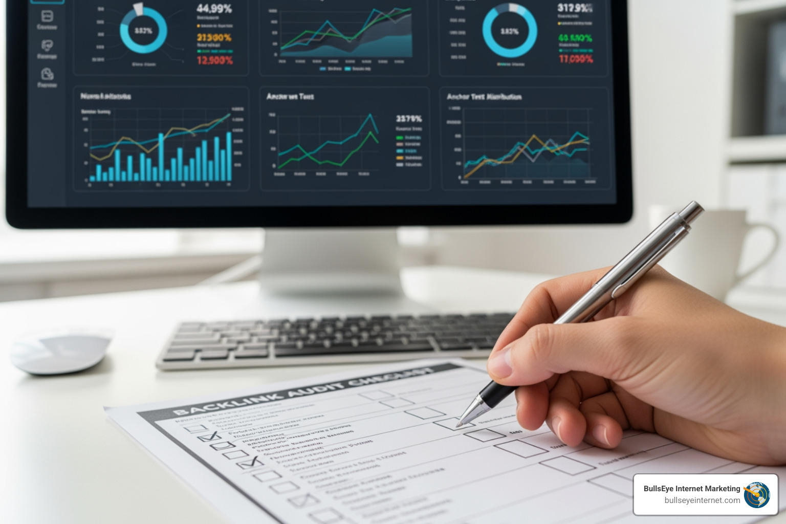 a checklist for a backlink audit - back link audit Hand holding pen, filling out a backlink audit checklist, with a computer screen displaying various SEO metrics and graphs related to backlink analysis.