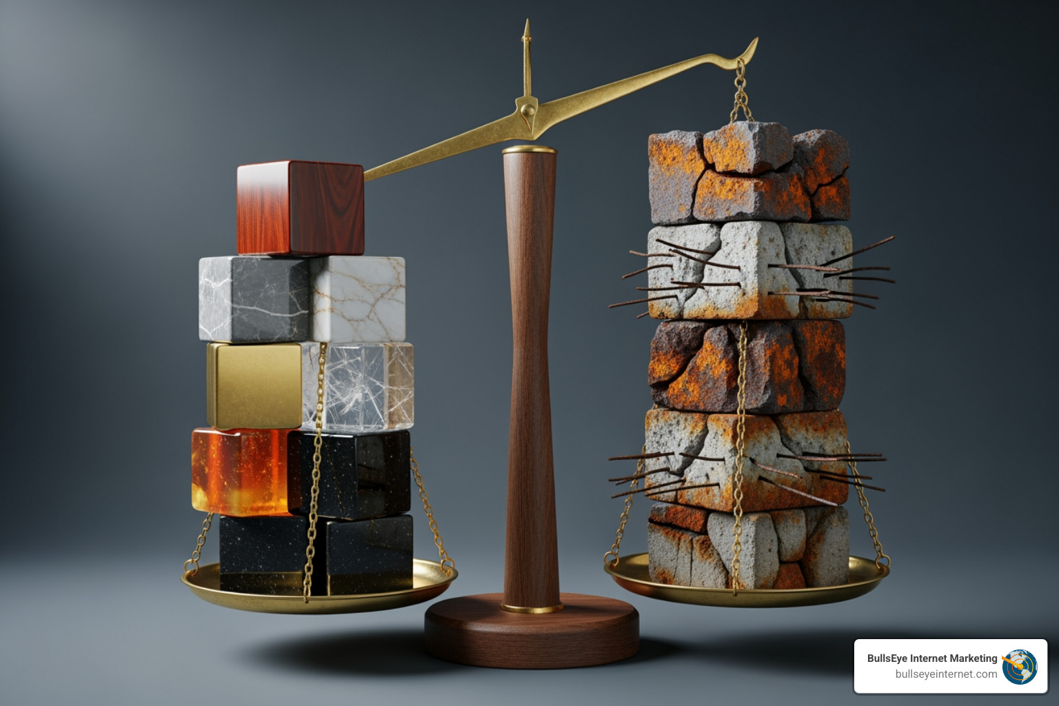 a scale balancing good links and bad links - back link audit Balancing scales with colorful blocks on one side and rough, textured blocks on the other, representing the importance of quality backlinks in SEO, with BullsEye Internet Marketing branding.