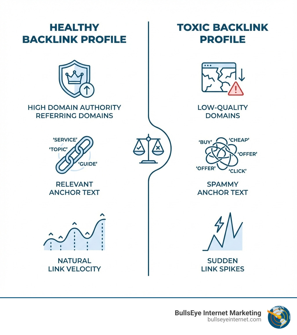 Infographic comparing healthy vs toxic backlink profiles showing characteristics like high domain authority referring domains, relevant anchor text, and natural link velocity for healthy profiles versus low-quality domains, spammy anchor text, and sudden link spikes for toxic profiles - back link audit infographic Healthy versus toxic backlink profile infographic illustrating key differences: high domain authority, relevant anchor text, natural link velocity on the left; low-quality domains, spammy anchor text, sudden link spikes on the right; branded with BullsEye Internet Marketing logo.