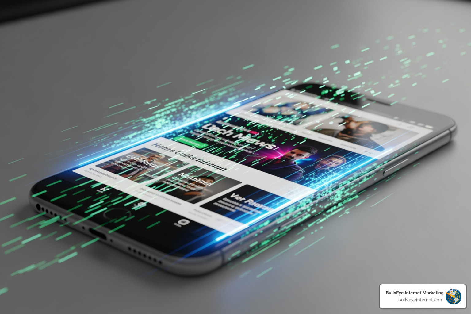 Fast loading mobile website - Miami small business SEO Smartphone displaying a digital interface with news articles and visual effects, emphasizing mobile optimization for local SEO in Miami.