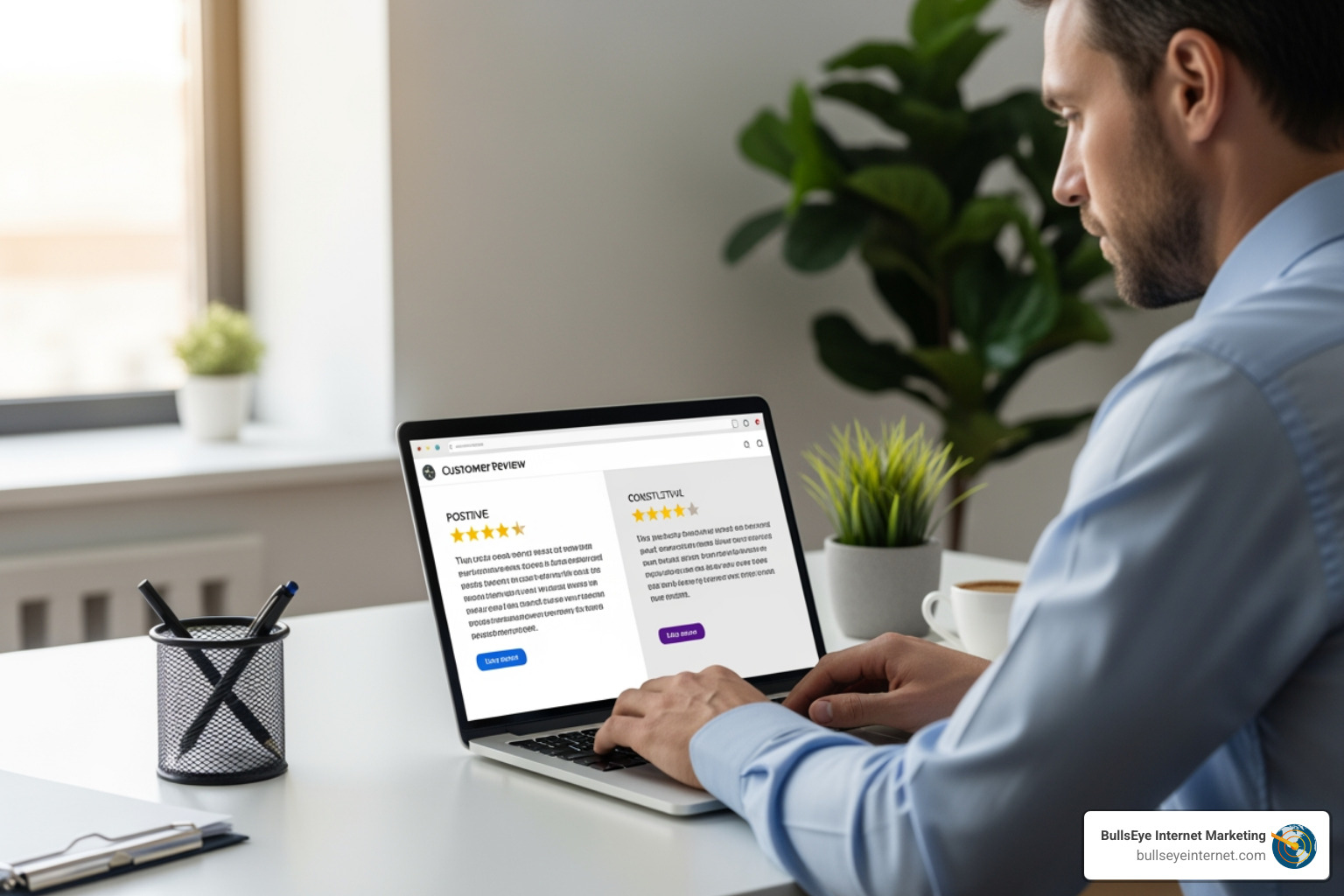 A business owner responding thoughtfully to both a positive and a negative customer review on Google Business Profile. - Google 3-pack tips Man reviewing customer feedback on a laptop, showcasing positive and constructive reviews, emphasizing the importance of online reviews for local business visibility and reputation management.