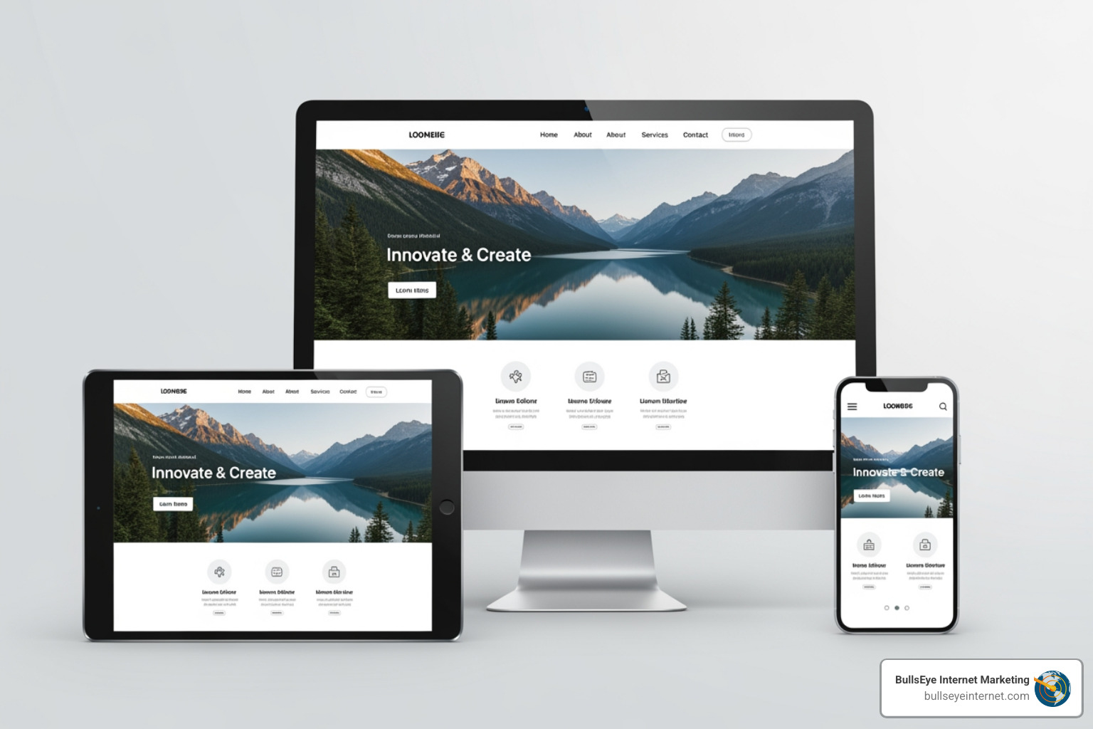 A website displayed perfectly on a desktop, tablet, and smartphone - Web design Boynton Beach Custom web design mockup featuring a responsive layout displayed on a desktop, tablet, and smartphone, showcasing a nature-themed homepage with the text "Innovate & Create," emphasizing the importance of tailored web solutions for businesses in Boynton Beach.