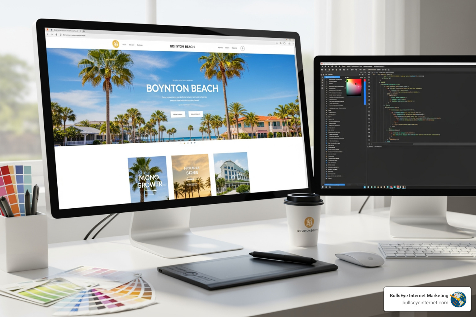 A Google search result page showing the local map pack for a "Boynton Beach restaurant" - Web design Boynton Beach Desktop setup featuring a website design for Boynton Beach, showcasing palm trees and coastal scenery, with a digital drawing tablet, color swatches, and a coffee cup branded with BullsEye Internet Marketing.