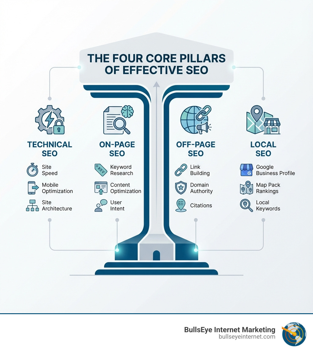 Four core pillars of effective SEO: technical SEO, on-page SEO, off-page SEO, and local SEO, with icons representing site speed, keyword research, link building, and Google Business Profile, showcasing Bullseye Internet Marketing branding.