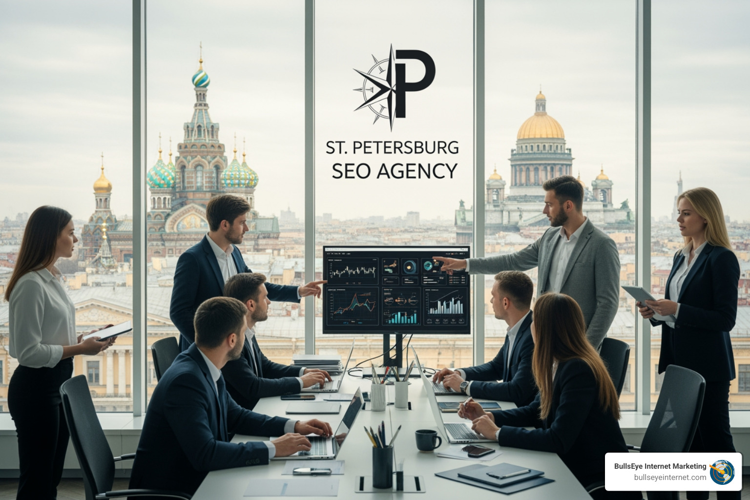 Business meeting at St. Petersburg SEO agency with professionals analyzing data on a screen, city skyline visible through windows, emphasizing local market strategies.