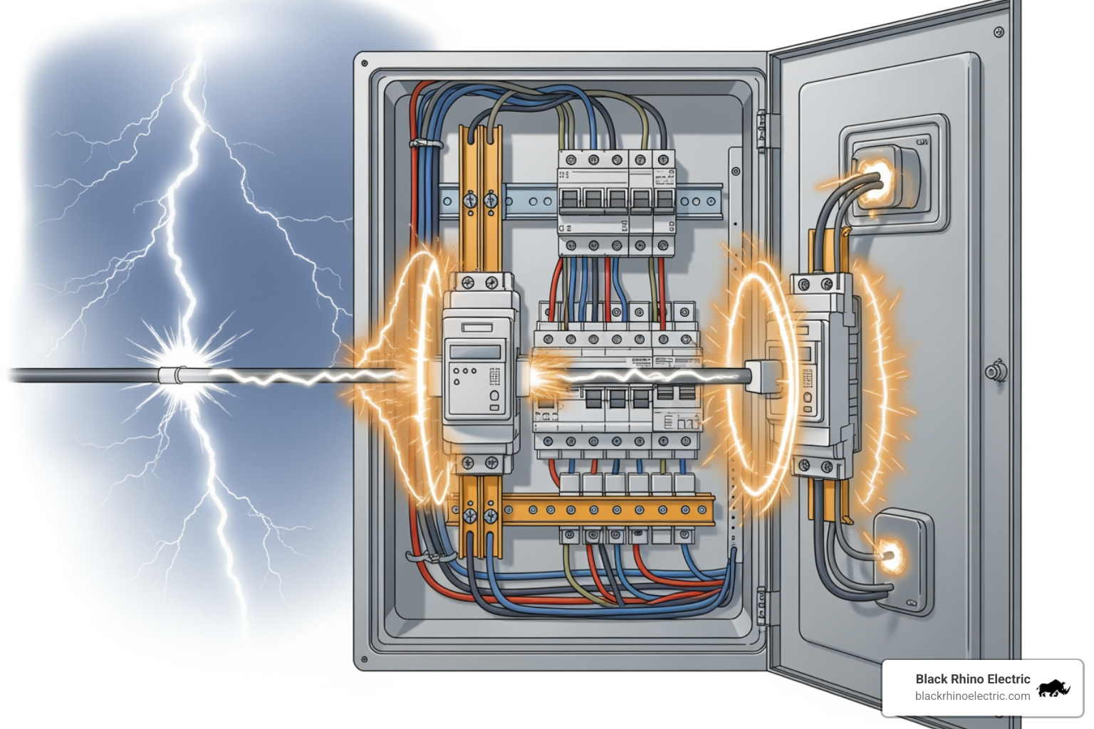 diagram showing an external surge (lightning) and an internal surge (appliance) being stopped at the panel by a surge protector - home panel surge protector
