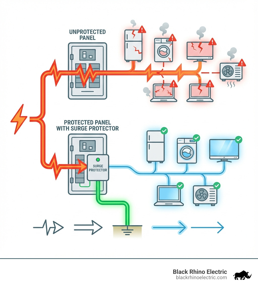 infographic showing two paths of electricity during a surge: one path showing surge traveling through unprotected panel to damage appliances, and second path showing surge protector at panel diverting excess voltage to ground wire and protecting all downstream appliances and circuits - home panel surge protector infographic 