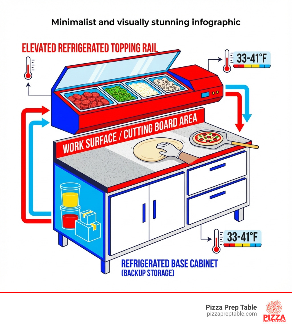 infographic showing the anatomy of a commercial pizza prep table with labeled components including the elevated refrigerated topping rail with angled food pans, the flat work surface or cutting board area in the center, the refrigerated base cabinet below with door or drawer access for backup ingredient storage, and temperature zones marked at 33-41°F - prep table pizza infographic infographic showing the anatomy of a commercial pizza prep table with labeled components including the elevated refrigerated topping rail with angled food pans, the flat work surface or cutting board area in the center, the refrigerated base cabinet below with door or drawer access for backup ingredient storage, and temperature zones marked at 33-41°F - prep table pizza infographic