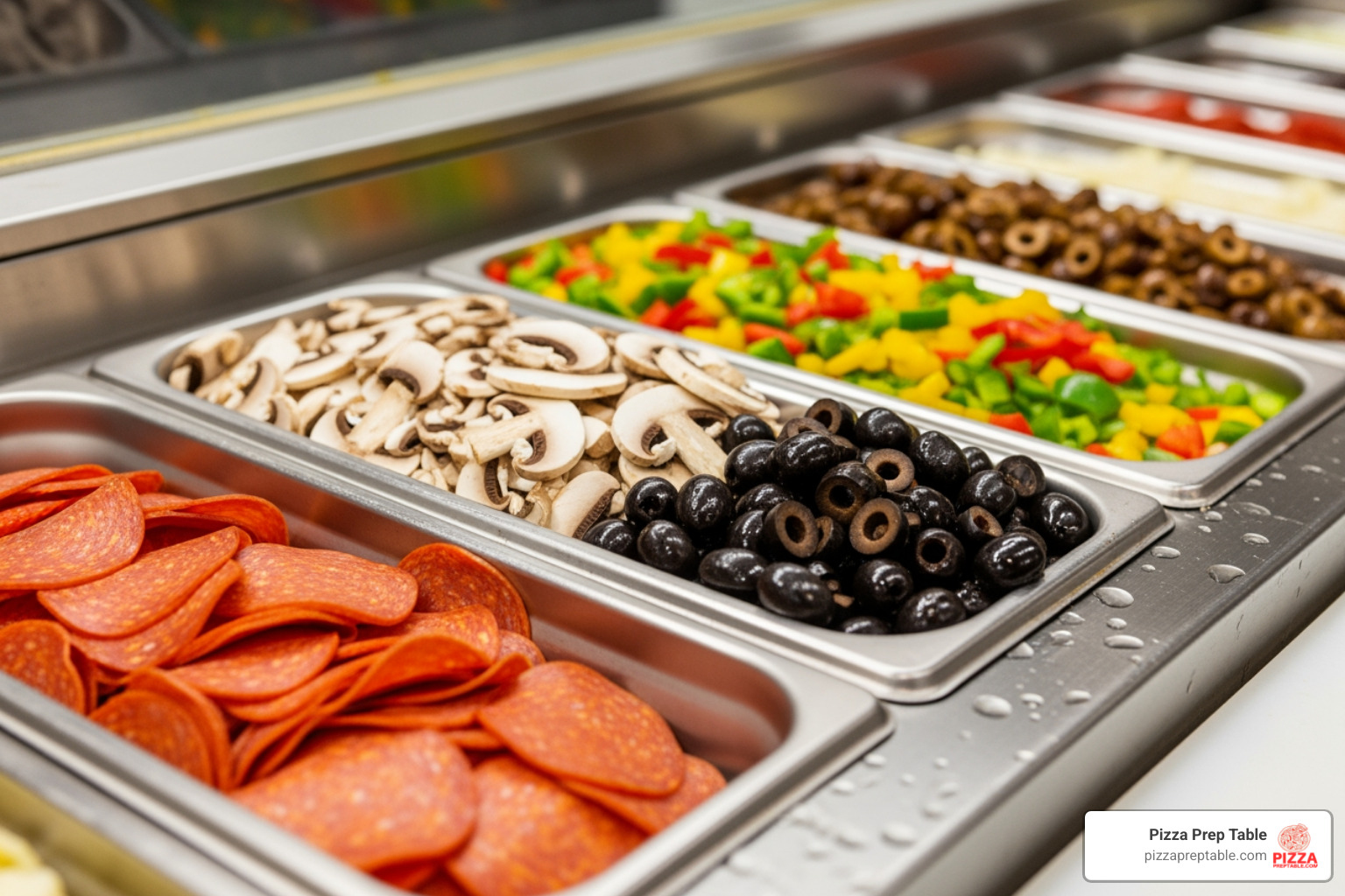 Close-up on a refrigerated rail filled with fresh, colorful pizza toppings in stainless steel pans - prep table pizza Close-up on a refrigerated rail filled with fresh, colorful pizza toppings in stainless steel pans - prep table pizza