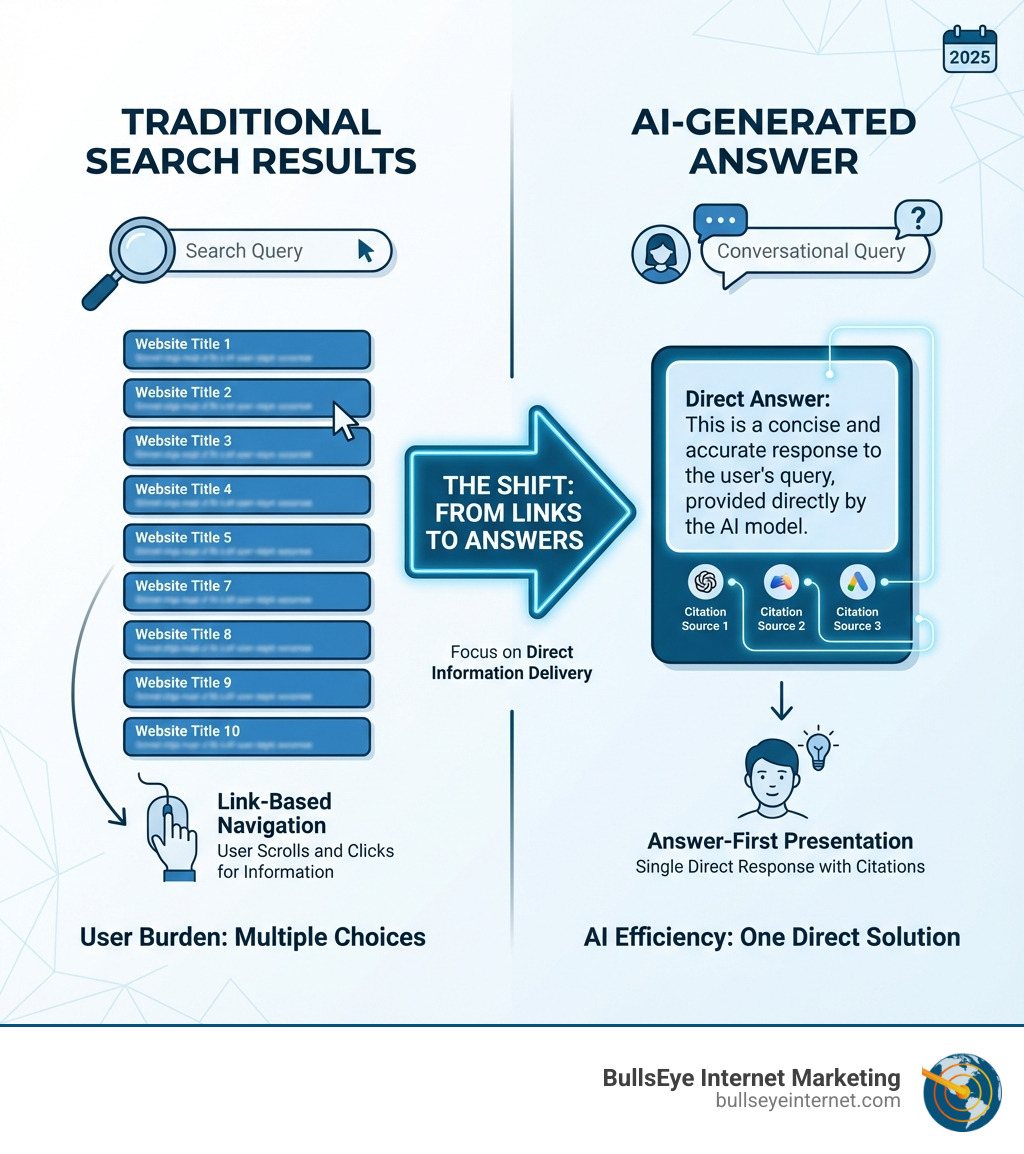 Traditional search results versus AI-generated answers infographic illustrating the shift from link-based navigation to direct information delivery, emphasizing AI efficiency and user engagement, branded with BullsEye Internet Marketing logo.