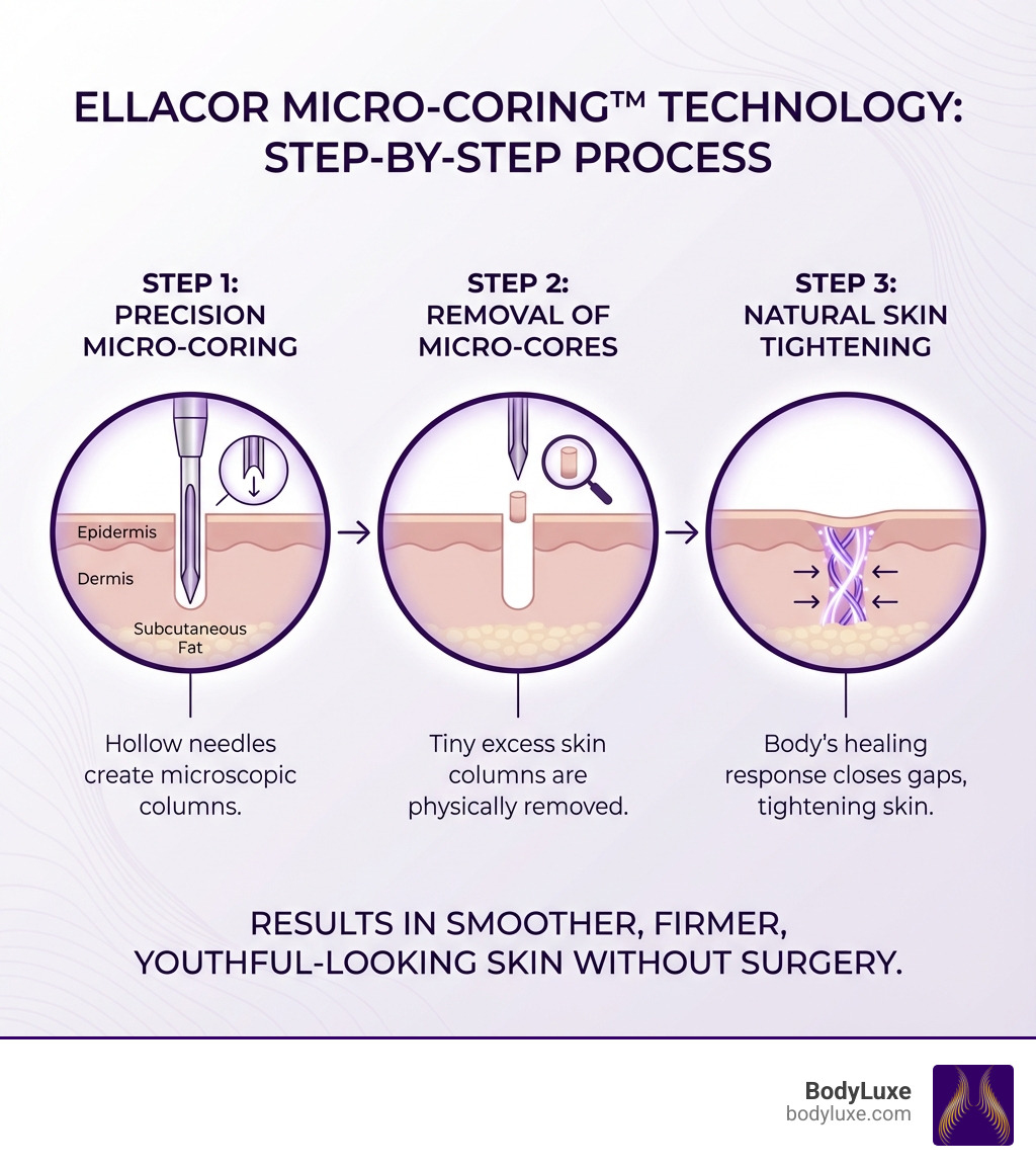 infographic explaining the step-by-step process of Ellacor's micro-coring technology, showing a needle removing a micro-core and the skin closing the gap - best candidates for ellacor skin tightening infographic 