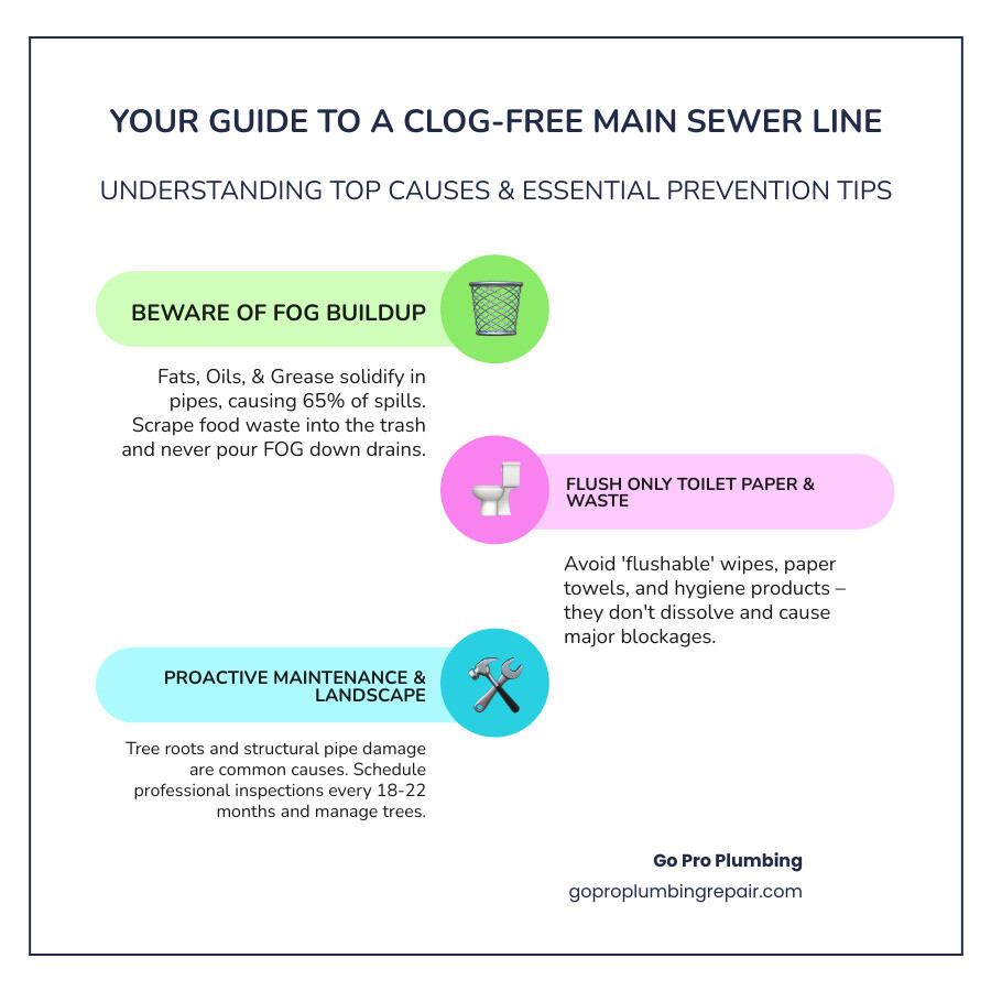 Infographic showing the top 3 causes of main sewer line clogs: FOG (fats, oils, grease) buildup solidifying in pipes, tree roots growing into cracks in older pipes, and structural pipe damage from aging infrastructure. Also displays 3 key prevention tips: dispose of grease in trash not drains, only flush toilet paper and human waste, and schedule professional inspections every 18-22 months - how to keep your main sewer line from clogging infographic infographic-line-3-steps-colors