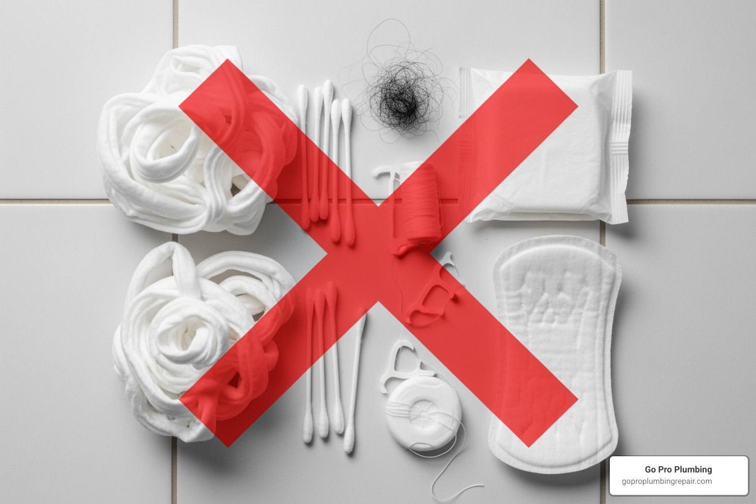 items that should not be flushed, with a red "X" over them - how to keep your main sewer line from clogging