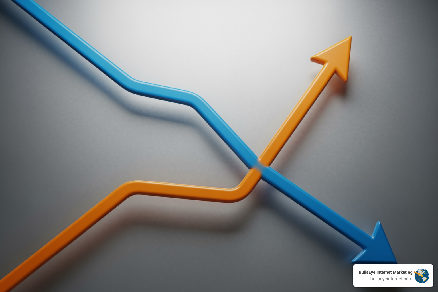 Colorful arrows in blue and orange intersecting on a gray background, symbolizing the evolving strategies in AI SEO for enhanced online visibility.
