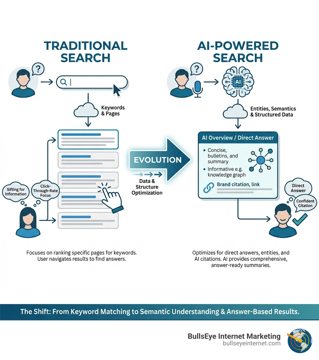 Illustration comparing traditional search and AI-powered search, highlighting the evolution from keyword matching to semantic understanding, with emphasis on entities, structured data, and direct answers for enhanced visibility in AI SEO.