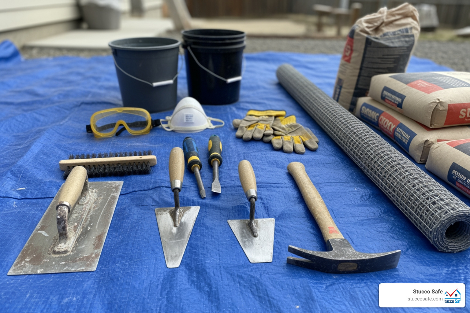essential stucco repair tools and materials laid out on a tarp - stucco repair essential stucco repair tools and materials laid out on a tarp - stucco repair