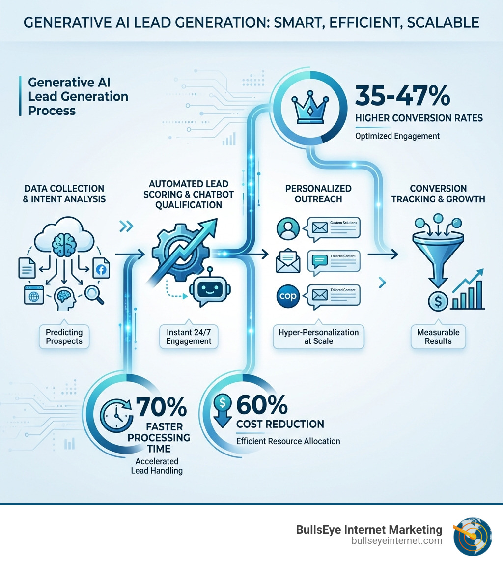 Infographic showing the complete Generative AI lead generation process: from data collection and intent analysis, through automated lead scoring and chatbot qualification, to personalized outreach and conversion tracking, with statistics showing 35-47% higher conversion rates, 60% cost reduction, and 70% faster processing time - Generative AI lead generation infographic Infographic showing the complete Generative AI lead generation process: from data collection and intent analysis, through automated lead scoring and chatbot qualification, to personalized outreach and conversion tracking, with statistics showing 35-47% higher conversion rates, 60% cost reduction, and 70% faster processing time - Generative AI lead generation infographic