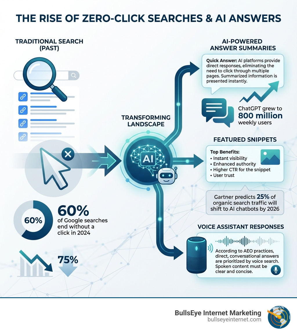 Infographic showing the rise of zero-click searches, with statistics: 60% of Google searches end without a click in 2024, ChatGPT grew to 800 million weekly users, and Gartner predicts 25% of organic search traffic will shift to AI chatbots by 2026. The graphic illustrates traditional search results transforming into AI-powered answer summaries, featured snippets, and voice assistant responses. - AEO best practices infographic 