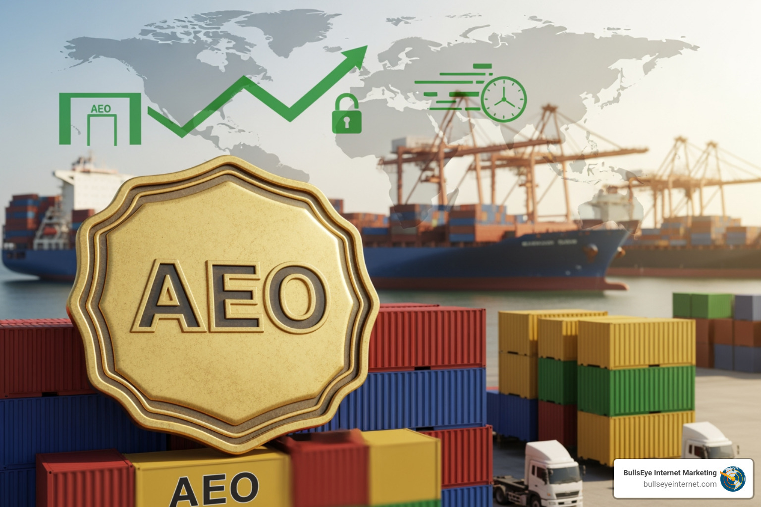 Gold AEO seal in foreground with shipping containers and cargo ship in background, symbolizing Answer Engine Optimization in digital marketing.