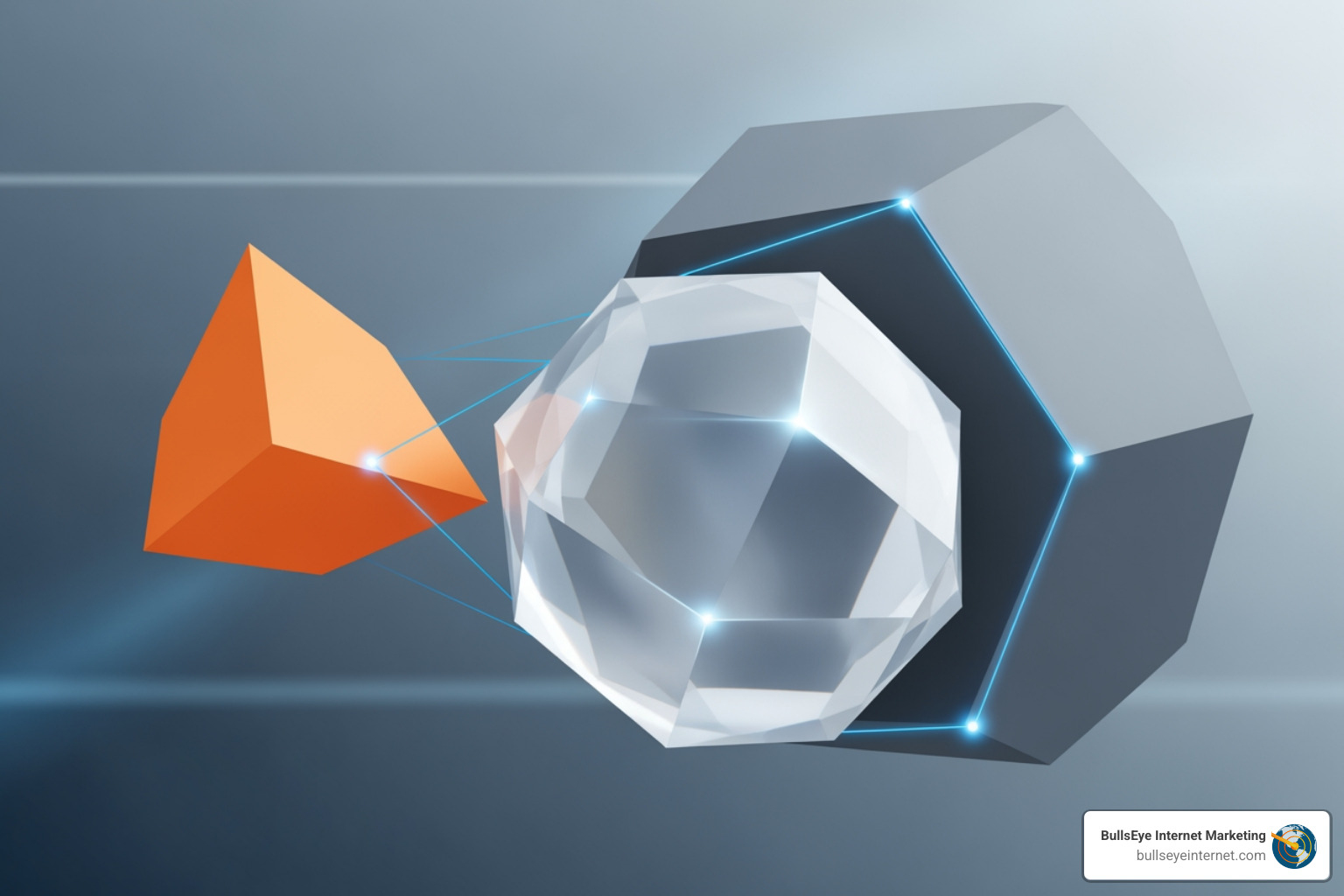 Diagram showing interconnected strategy components like Content, Technical SEO, and E-E-A-T - SGE optimization services Abstract geometric shapes including an orange pyramid, a transparent crystal sphere, and a gray hexagonal prism, symbolizing digital marketing and SGE optimization strategies, with Bullseye Internet Marketing branding.