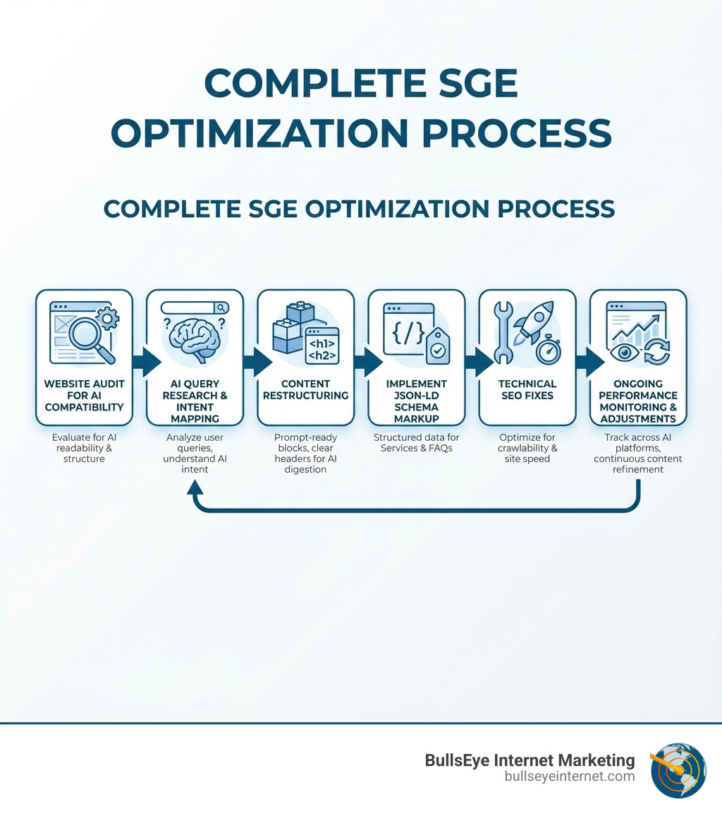 Infographic showing the complete SGE optimization process: starting with website audit for AI compatibility, followed by AI query research and intent mapping, then content restructuring with prompt-ready blocks and clear headers, implementation of JSON-LD schema markup for services and FAQs, technical SEO fixes for crawlability and speed, and ongoing performance monitoring across AI platforms with continuous content adjustments - SGE optimization services infographic Complete SGE optimization process infographic illustrating steps for AI search optimization, including website audit, AI query research, content restructuring, JSON-LD schema markup, technical SEO fixes, and ongoing performance monitoring, branded by Bullseye Internet Marketing.