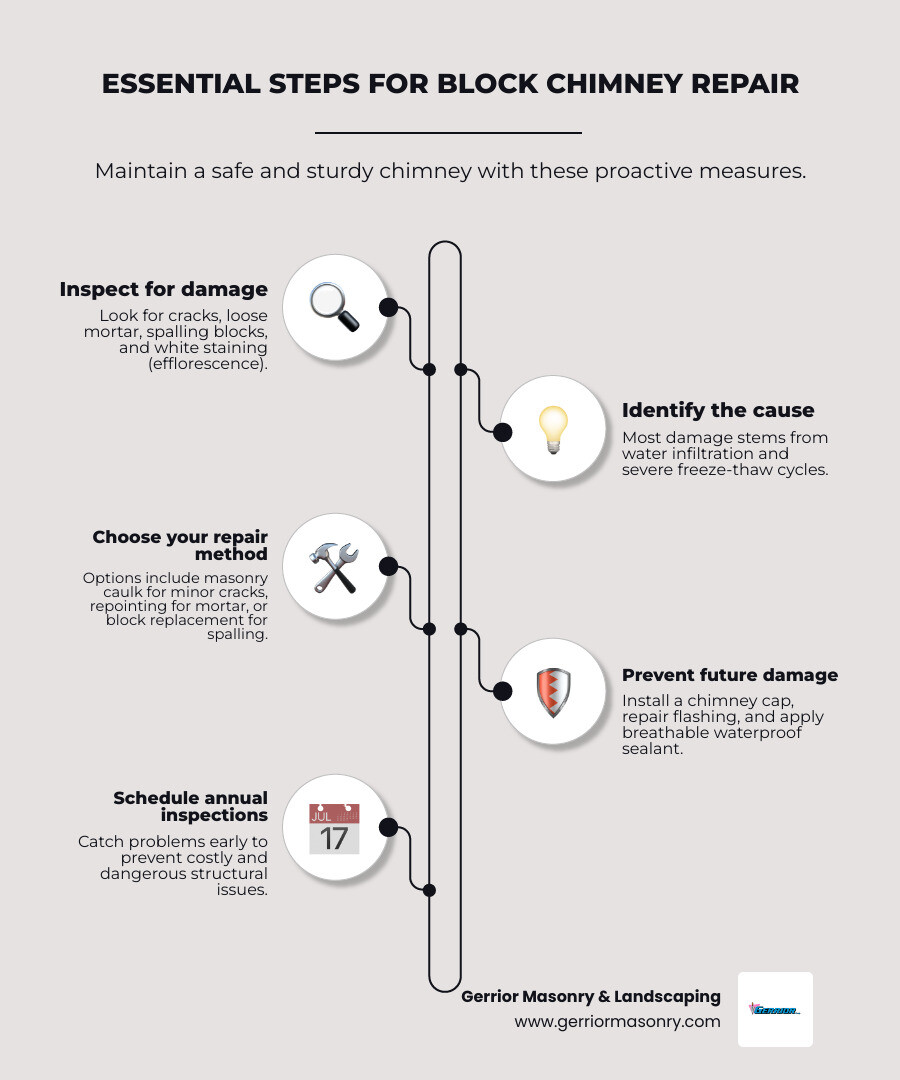 Infographic showing the anatomy of a block chimney system, including labeled components: flue liner at the center, concrete or cinder blocks forming the outer structure, mortar joints between blocks, chimney crown at the top with proper slope and overhang, metal flashing where chimney meets the roof, and chimney cap covering the flue opening. Arrows indicate how water infiltration occurs through damaged crowns, deteriorated mortar, and missing caps, leading to freeze-thaw damage within the block structure. - block chimney repair infographic infographic-line-5-steps-elegant_beige