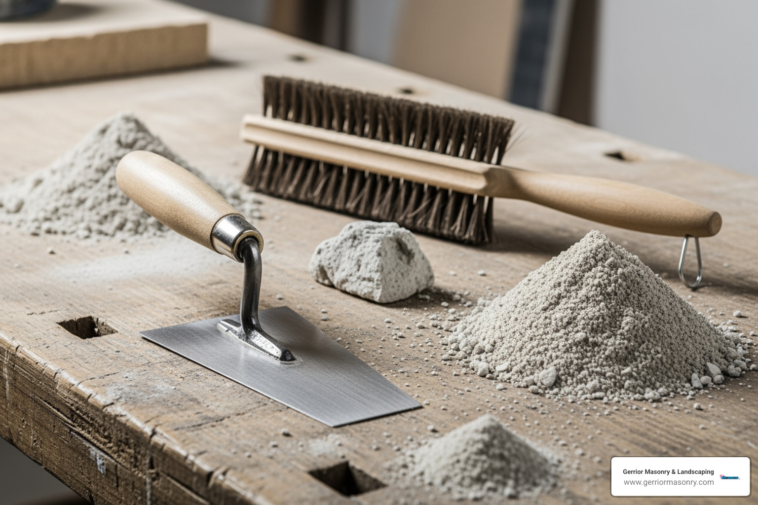 Tools for mortar repair: a trowel, mortar mix, and a wire brush - block chimney repair