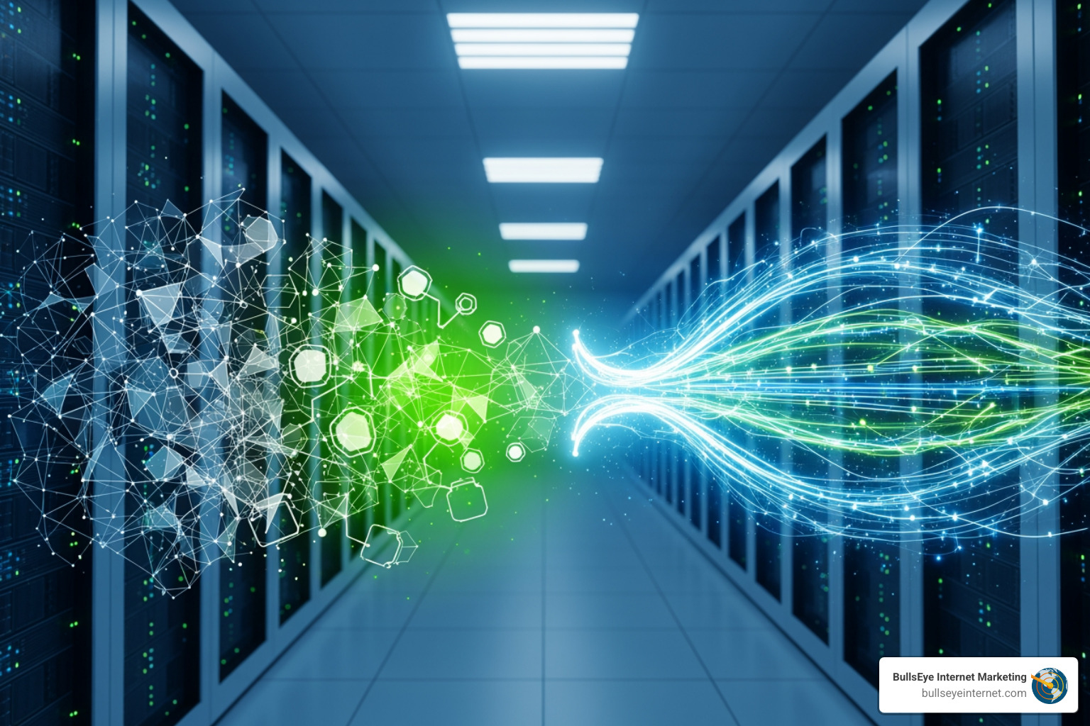 A website snippet being featured in an SGE result - SGE optimization services Digital data flow and network connectivity in a server room, illustrating SGE optimization concepts for AI-driven search visibility, with Bullseye Internet Marketing branding.
