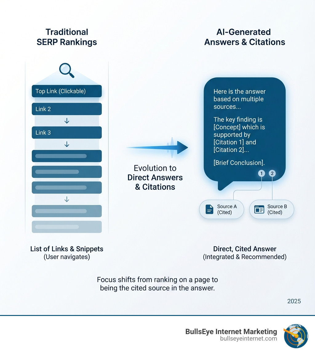 Infographic showing the evolution from traditional SERP rankings to AI-generated answers with citations - AI search agency infographic Traditional SERP rankings transition to AI-generated answers and citations, illustrating the evolution from clickable links to direct, cited responses in search results, emphasizing the importance of being a trusted source for AI platforms.