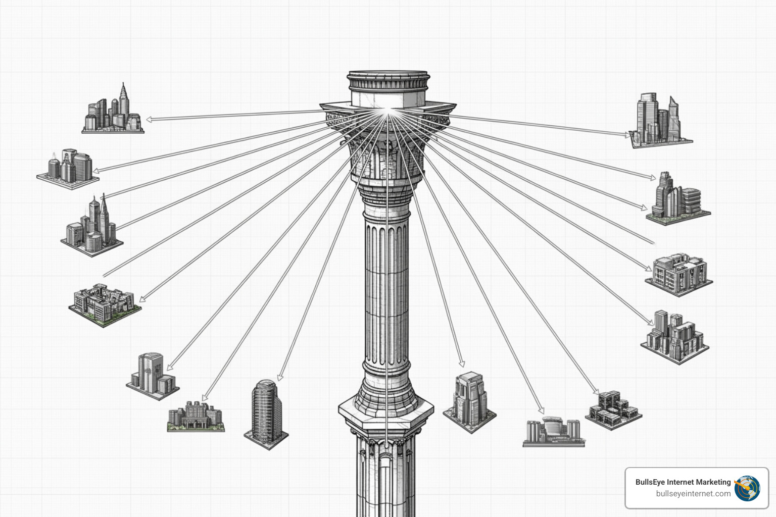 Pillar structure representing semantic SEO concept with interconnected buildings illustrating topic clusters and internal linking strategy.