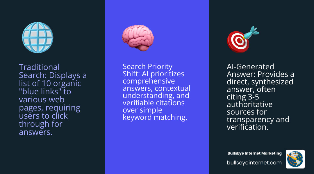 Infographic comparing traditional Google search results showing 10 blue links versus AI-generated answer with 3-5 cited sources, highlighting how AI search prioritizes direct answers with citations rather than a list of websites - LLM SEO services infographic 3_facts_emoji_blue Traditional search representation, AI search priority shift, and AI-generated answer explanation, with BullsEye Internet Marketing logo and website link.