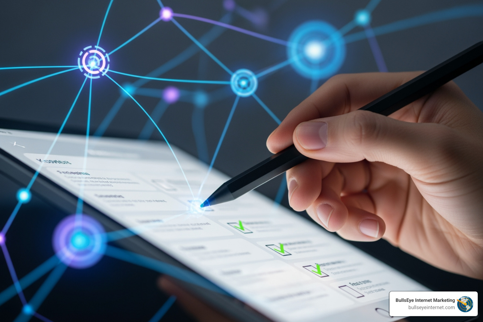 Checklist for LLM SEO strategies - LLM SEO services Hand holding a stylus, interacting with a tablet displaying checklists and digital connections, symbolizing AI search optimization strategies for businesses.
