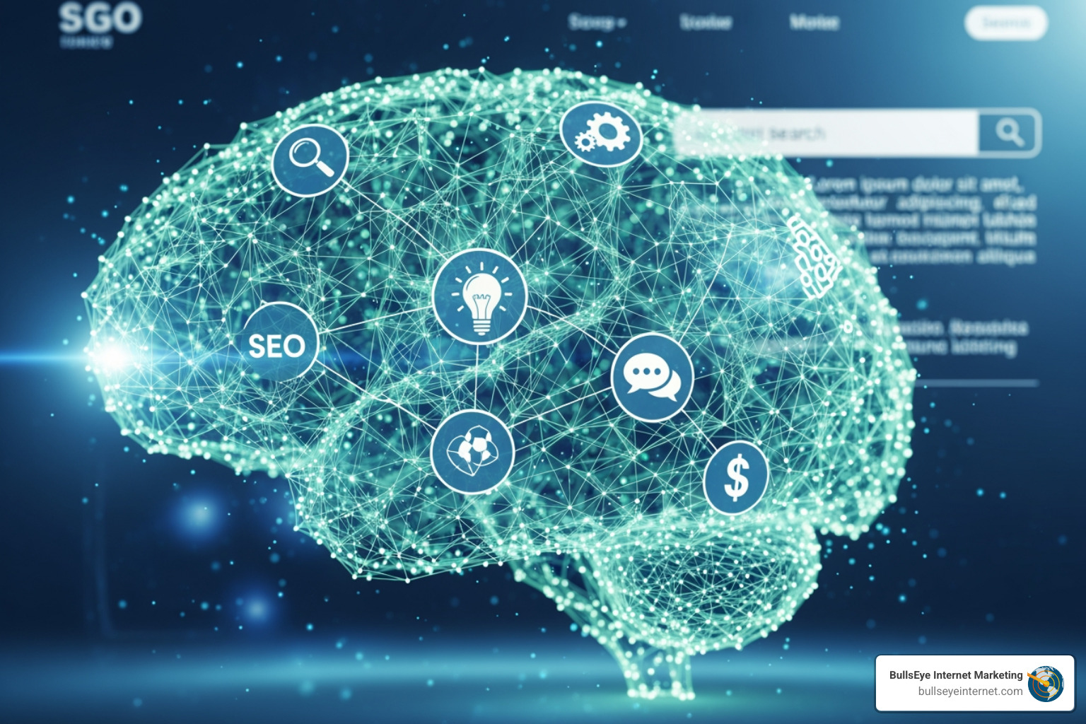 Digital brain illustration with SEO icons, representing semantic SEO strategies for improving online visibility and user engagement.